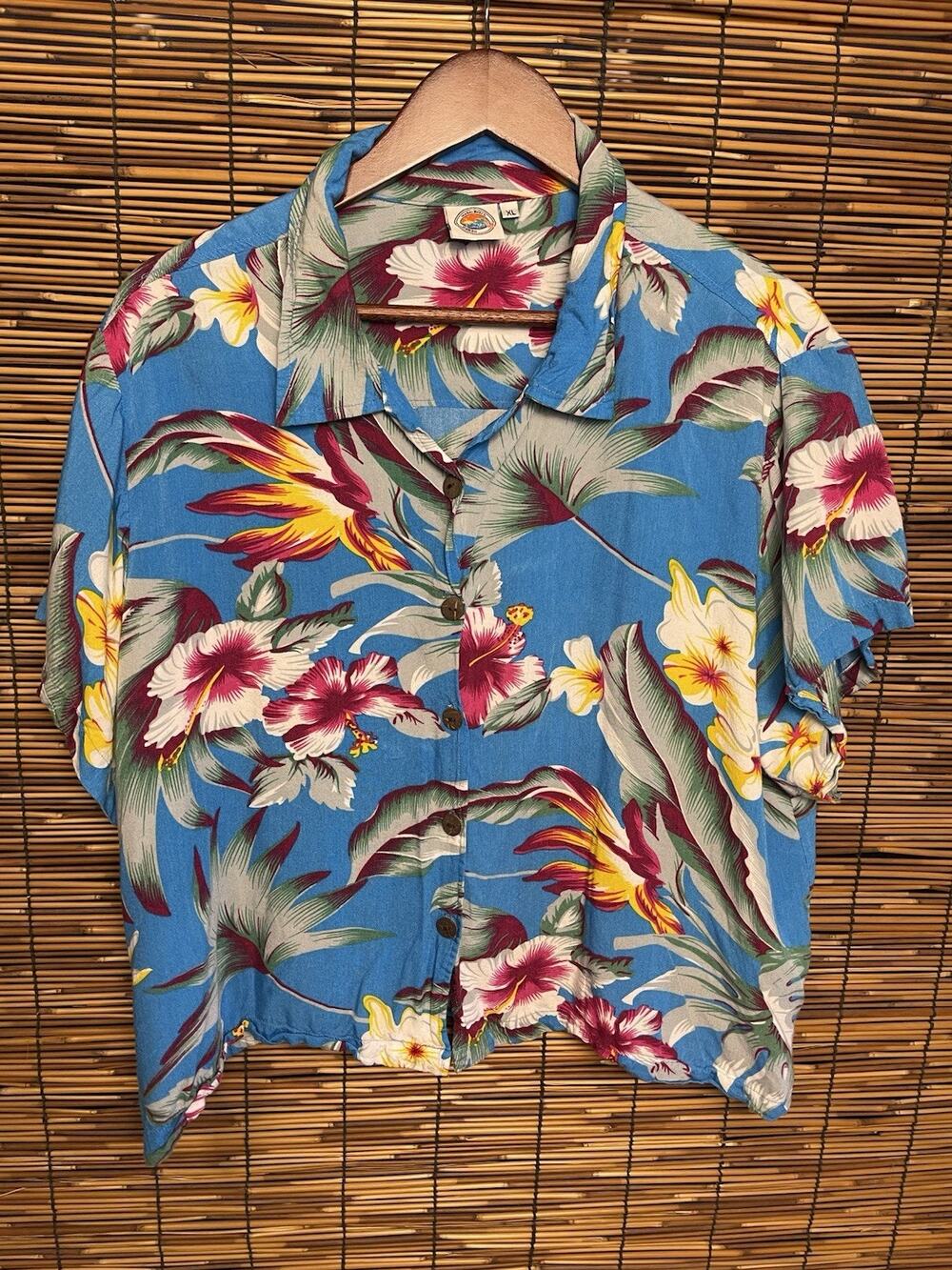 Global Bazaar Hawaiian Shirt Womens XL Blue Hibiscus Floral Tropical Short Sleev
